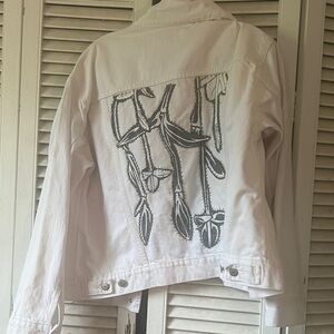 Custom Hand Stitched Maile (Sig Zane) White Denim Jacket with Embroidered Design
